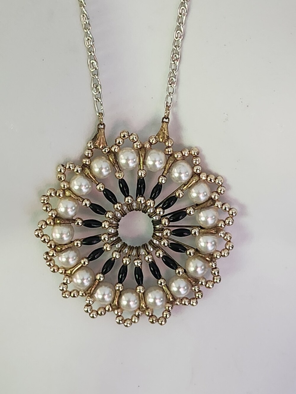 Vtg Germany Elegant Gold-Tone Faux Pearl & Black Bead Sunburst Pendant Necklace